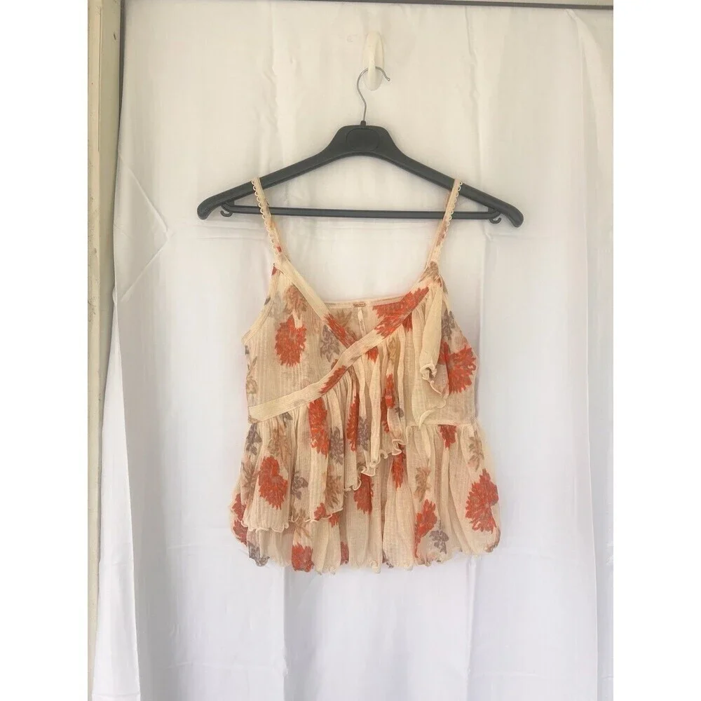 Free People Melbourne Ruffle Ribbed Tank Frilly Floral Tiered Fairy Size Medium